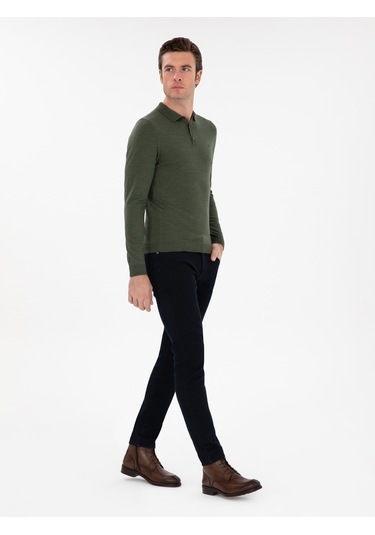 Cacharel Haki Slim Fit Yün Karışımlı Polo Yaka Basic Triko Kazak Yesıl