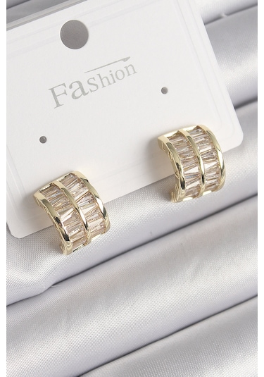 Pirinç Gold Renk Çift Sıra Zirkon Taşlı Kadın Küpe Çok Renkli