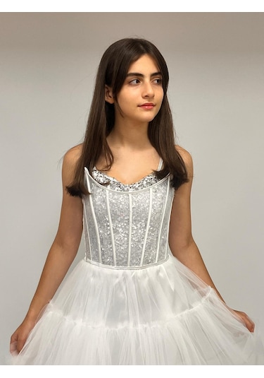 Kız Çocuk Abiye Krem Önü Kısa Kuyruklu Payet İşlemeli Biyeli Transparan Kaplama Abiye Elbise 10-15 Yaş Krem