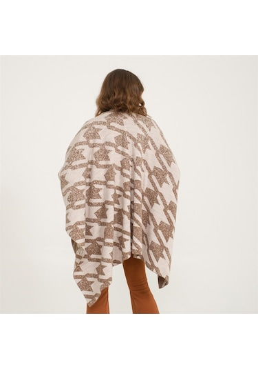 Kaz Ayağı Desen Çift Taraflı Triko Kadın Şal Panço-Kahverengi-140X140 Kahverengi