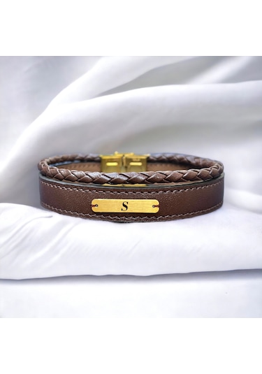 S Harfine Özel Kahverengi Derili Dikdörtgen Figürlü 14 Ayar Altın Plakalı Hediye Bileklik-531harf S