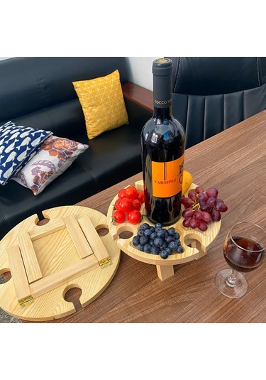 Açık Şarap Piknik Masası 30X16 Cm Katlanır Ahşap Aperatif Ve Peynir Tepsisi Ile 4 Şarap Bardakları Tutucu Çok Renkli