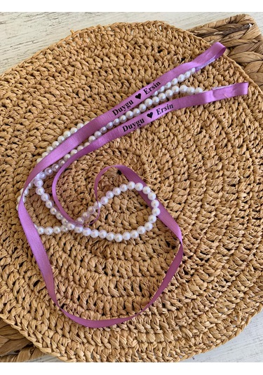 Dökülen İncili Isimli Yüzük Kurdelesi Söz Kurdelesi Lila