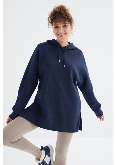 Tommy Life İndigo Reglan Kol Basic Kapüşonlu Oversize Sweatshirt Tunik - 97242 İndigo