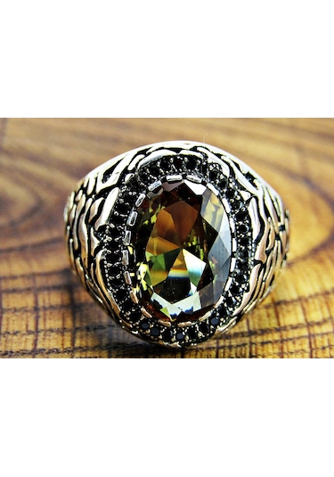 Zultanit Oval Taşlı Yanları Siyah Taşlı Gümüş Erkek Yüzük
