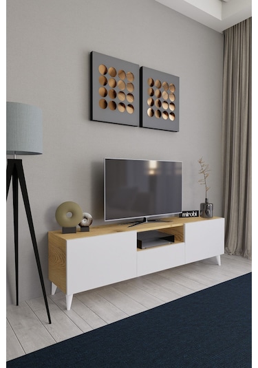 Bravix Modern Tv Ünitesi 3 Bölmeli Tv Sehpası Gövde Çam Kapaklı Beyaz - Antrasit