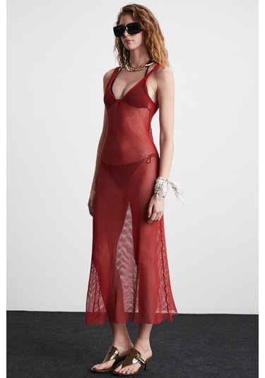 GRIMELANGE Deryn Kadın File Pamuklu Kumaşlı V Yakalı Eteği Kloş Plaj Giyimi Kiremit Rengi Elbise Kiremit Rengi