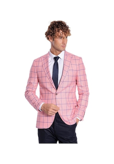 Mavi Kare Desenli Slim Fit Pembe Erkek Ceket 001