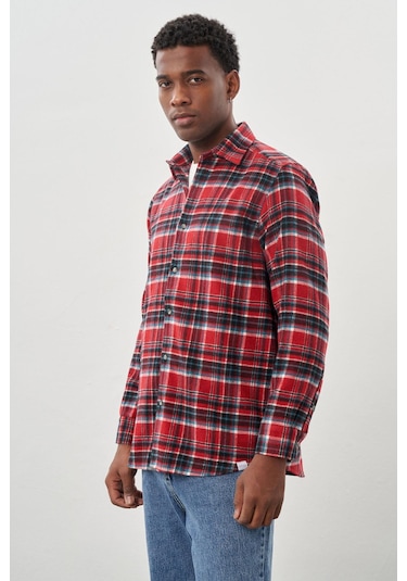 Kırmızı Yünlü Ekose Desen Yumuşak Yaka Cepsiz Uzun Kol Casual Comfort Fit Gömlek 1004245227 Kırmızı