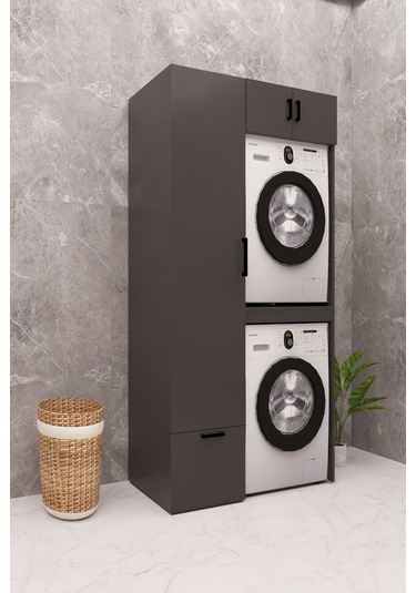 Mdf Çamaşır Makinesi Ve Kurutma Makinesi Dolabı Ütü Masalı Antrasit