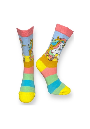 3'lü Unısex Unicorn Tasarımlı Gökkuşağı Ve Yıldız Detaylı Esnek Nem Alabilen Pamuklu Spor Soket Çoraplar Çok Renkli