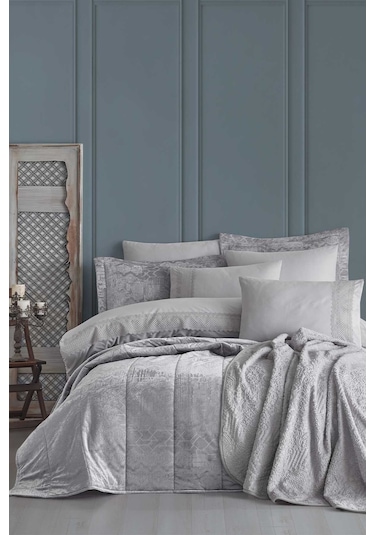 Elart Çeyiz Paketi 10 Parça Yatak Örtüsü+nevresim Takımı+battaniye Nüans Gümüş