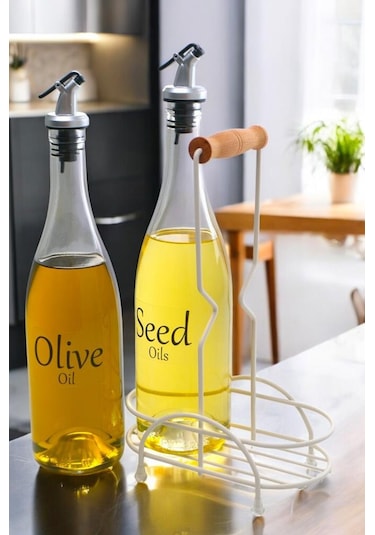 Digithome Pure 2'li Krem Metal Standlı Ahşap Saplı Yağdanlık Seti Şeffaf Etiketli Cam Yağlık 750 Ml Cys-16 Krem