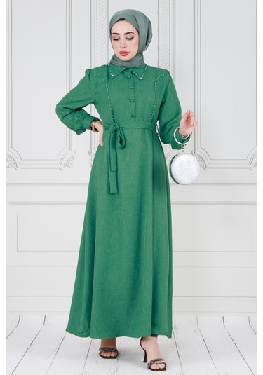 İnci Detaylı Kuşaklı Tesettür Elbise-yeşil-3587-kiremit Kiremit