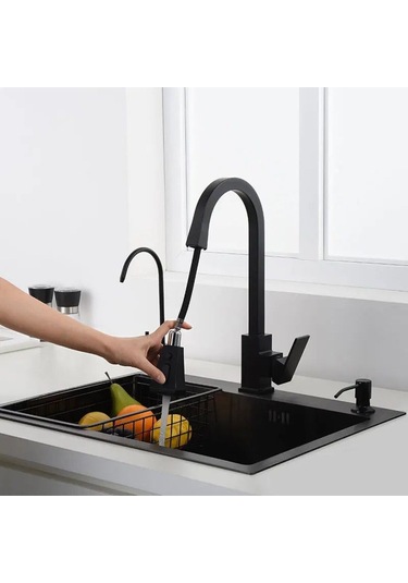 Boheme Siyah Spiralli Mutfak Bataryası Spiralli Evye Musluk Uzayan Batarya Tazzik Ve Basınç Ayarlı Musluk Siyah
