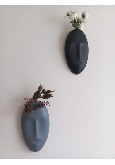 Dekoratif 2'li Yüz Duvar Vazosu, Duvar Süsü ,heykel Aksesuar Siyah Gri