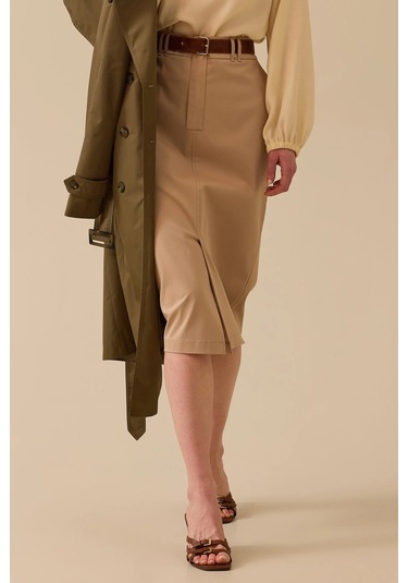 Kadın Yırtmaç Detaylı Cepli Etek - Camel CAMEL