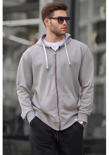 Madmext Boyalı Gri Fermuarlı Kapüşonlu Sweatshirt 6161-boyalı Gri Boyalı Gri