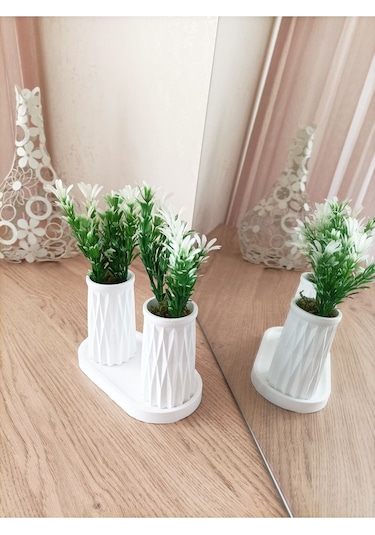 Mini Desenli İkili Beton Saksı Ve Oval Tabak - Yapay Çiçek Hediyeli - Beyaz