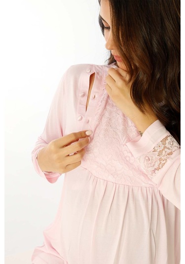 Premium Kutulu Emzirme Bölmeli Dantelli Hamile Lohusa Pijama Takımı Açık Pembe