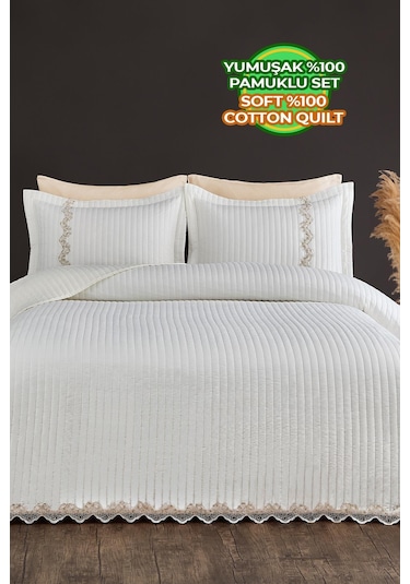 Evlen Home Mihrimah Dantelli Lüks Yatak Örtüsü Seti Çift Kişilik %100 Pamuk Şık Zarif Yumuşak Krem Kırık Beyaz
