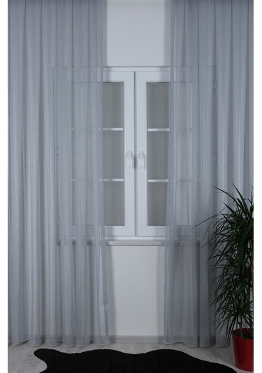 Damla Keten Görünümlü Leno Tül Perde Pilesiz Gri