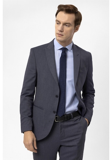 Lacivert Slim Fit Armürlü Sivri Yaka 6 Drop Klasik Takım Elbise-35496 Lacivert