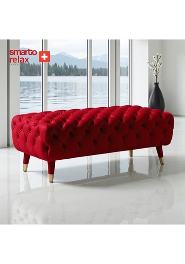 Smarto Relax Puf Adelboden Ahşap Ayaklı Kapitoneli 110x45x40 Cm Kırmızı Kırmızı