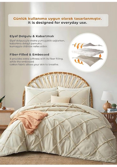 Evlen Home Pamuklu Aimar Yatak Örtüsü Takımı Çift Kişilik Günlük Boho 3 Parça Elyaf Dolgulu Bej Bej