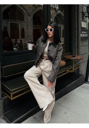 Cemo Leopar Desenli Kaşe Kısa Kaban Ceket Leopar