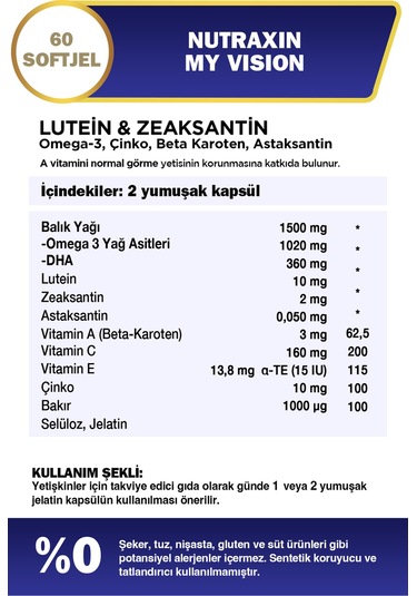 My Vision Eyes Vitamin 60 Soft Jel - Lutein, Zeaxanthin, Omega3, Çinko, Astaksantin, Beta Karoten