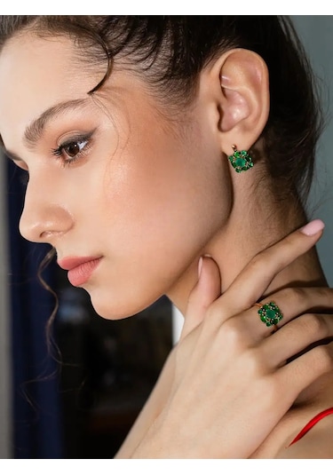 Lamponi 925 Ayar Gümüş Altın Kaplama Taşlı Küpeler 170806438 Yeşil