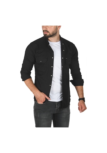 Deepsea Erkek Siyah Büyük Beden Pamuklu Likralı Spor Gömlek Dar Kalıp, Çıt Çıt Kapamalı 2500423 Siyah