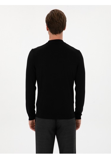 Cacharel Siyah Slim Fit Yün Karışımlı Çeyrek Balıkçı Basic Triko Kazak