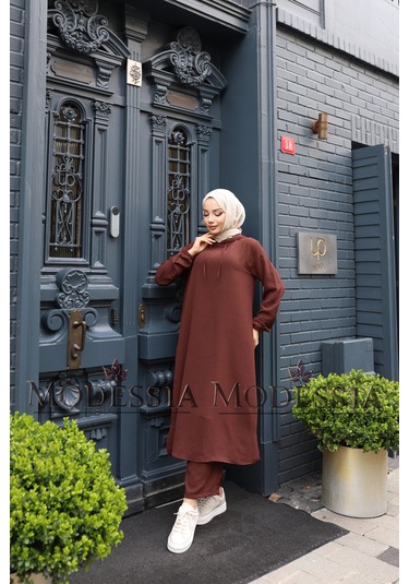 Kadın Kahve Aerobin Uzun Kapşonlu İkili Takım T0218 Kahve Kahverengi