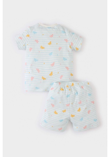Defacto Kız Bebek Pijama Takımı Kelebek Desenli Kısa Kollu Penye Üst Beli Lastikli Şort E1550a525hsbe440 Mavi