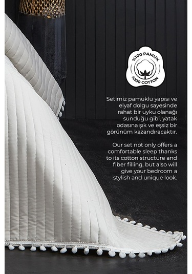 Evlen Home Collection Ponponlu Çift Kişilik %100 Pamuk Yatak Örtüsü Pike Takımı Krem Beyaz