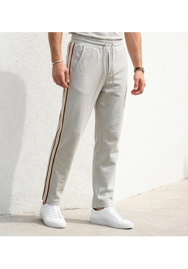 Plus Scorpion Erkek Slim Fit Eşofman Altı Yan Şeritli Pamuklu Gri