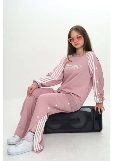 Unisex Çocuk 2 İplik Çıtçıtlı Alt&üst Eşofman Takımı %100 Pamuk Rahat Kalıp-299-eşt-0006 Pudra