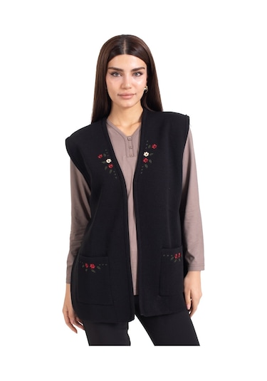 Kadın Orta Yaş ve Üzeri Triko Örgü Düğmesiz Kanaviçe Desen Nakışlı Anne Yelek 310-siyah - L Füme