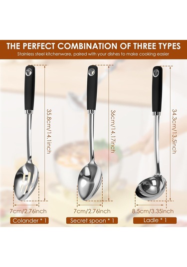 Hfambition Paslanmaz Çelik Mutfak Kaşığı Seti: 3'lü Dayanıklı Servis Ve Pişirme Kaşıkları Gümüş