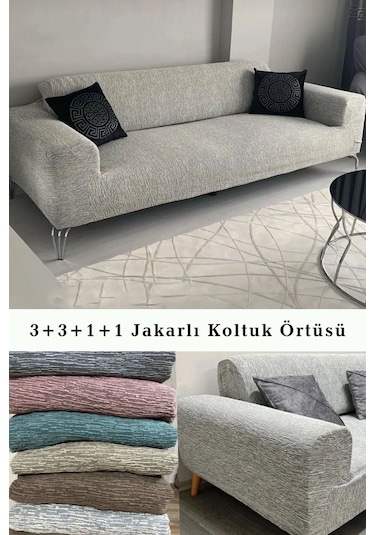 Upmall Jakarlı Koltuk Kanepe Kılıfı Çekyat Örtüsü 3+3+1+1  Krem