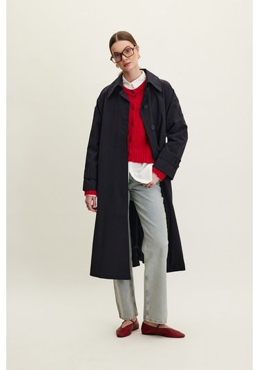Kemerli Oversize Gabardin Trençkot Lacivert Lacivert
