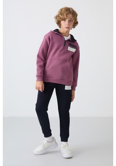 Tommy Life Soft Vişne-lacivert Pamuklu Kalın İçi Tüylü Yumuşak Dokulu Standart Fit Baskılı Erkek Çocuk Eşofman Kırmızı - Lacivert