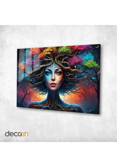 Doğa Tanrıçası Cam Tablo Renkli Ağaç Kadın Temalı Dijital Sanat