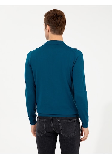 Cacharel Petrol Slim Fit Çeyrek Balıkçı Yaka Basic Triko Kazak