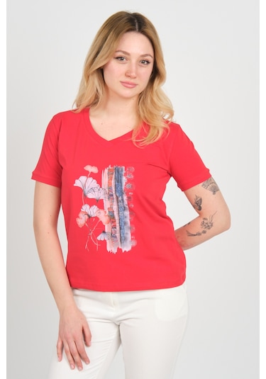 Sistas Kadın Baskı Desenli V Yaka Kısa Kollu Pamuklu Bluz 24100 Kırmızı Kırmızı