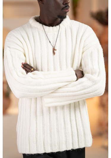 Oversize Kendinden Çizgili Pamuklu Kalın Triko Spor Kazak Beyaz