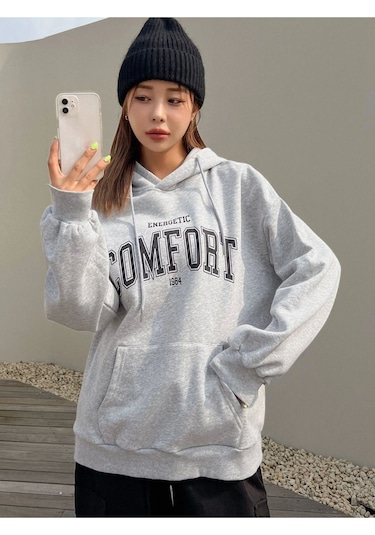 Altamira Unisex Gri Comfort Baskılı Oversize Kapşonlu Sweatshirt 001