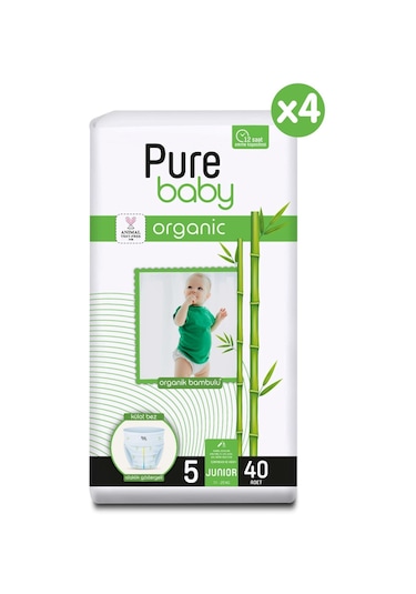 Pure Baby Organik Bambu Özlü Külot Bez 5 Numara Junior 4 x 160 Adet 4'lü